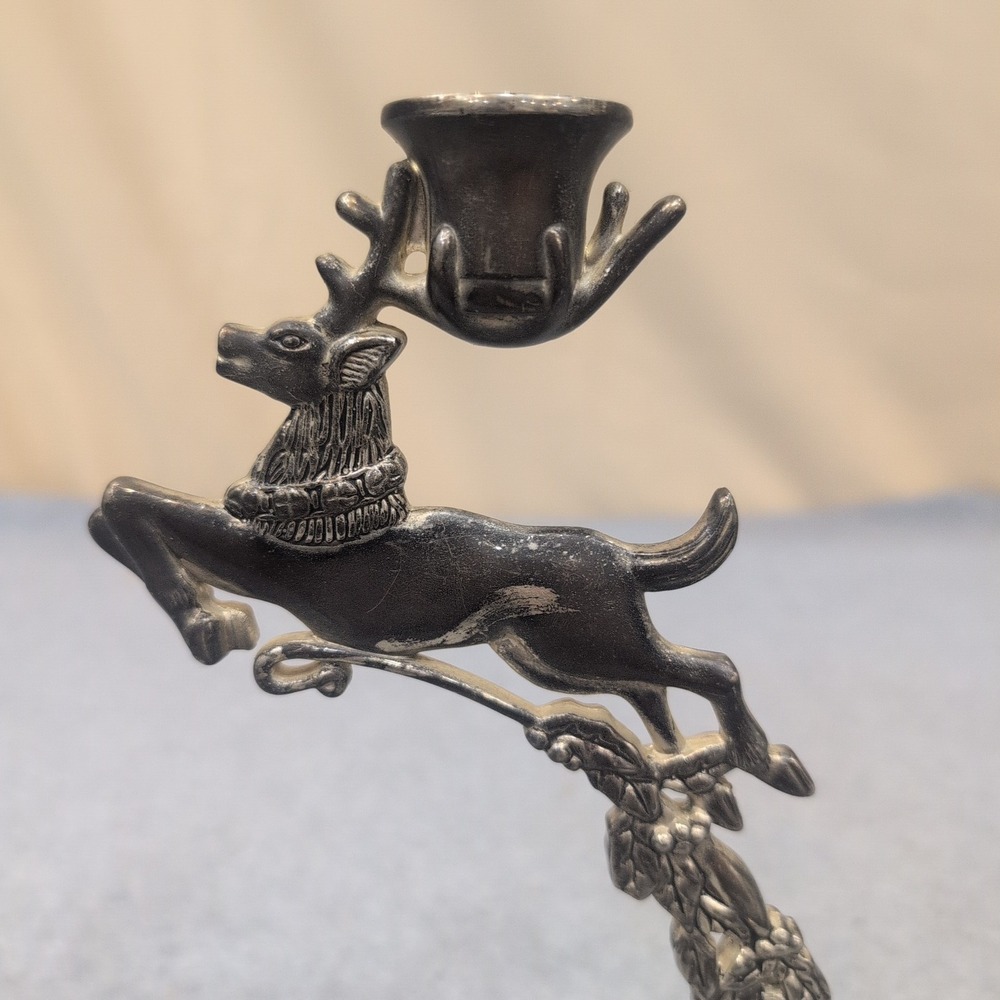 Silver Tone Leaping Reindeer Taper Candle Holder Holly Berry Base Holiday Decor - Picture 2 of 7